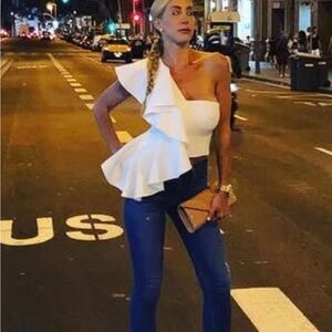 AMUR Cream One-Shoulder Ruffled Top